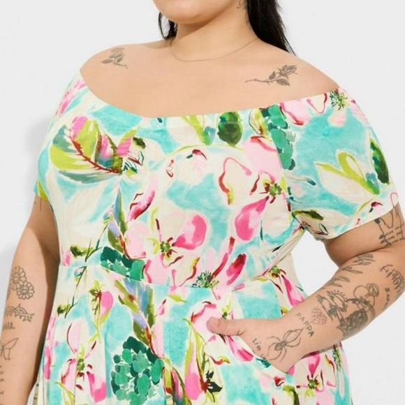 Torrid Women's Plus Size Mini Soft Off-Shoulder Skater Floral Dress - Picture 4 of 5